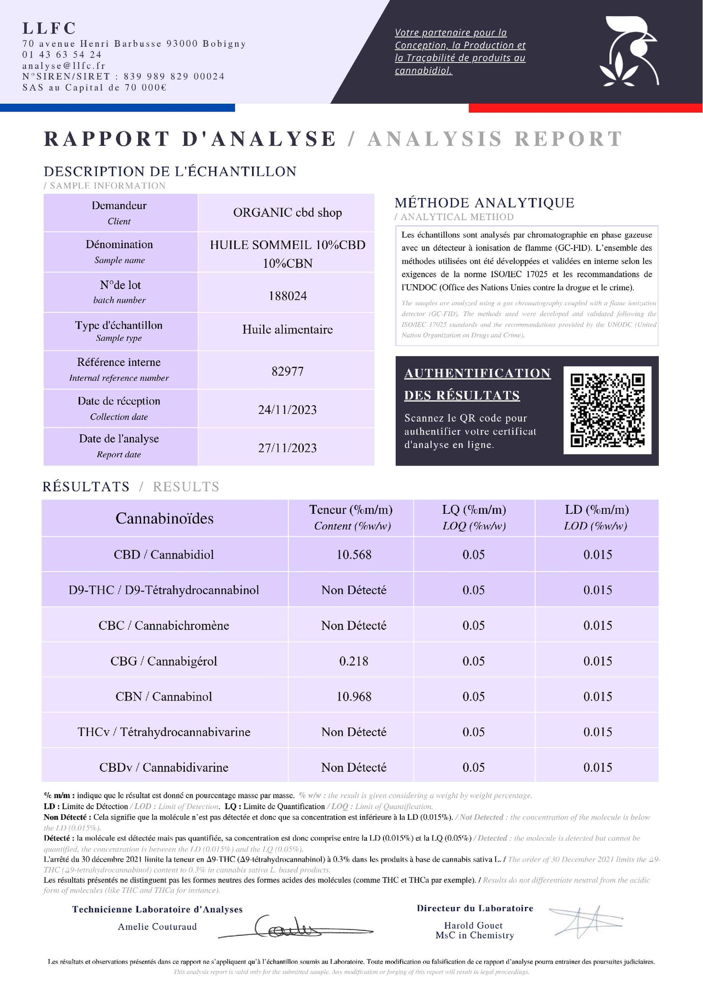 SOMMEIL - ORGANIC - HUILE BIO - CBD et CBN - 10% ou 20% - 10ml